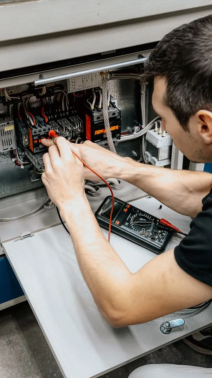 electrician working on modern electrical panel warm light